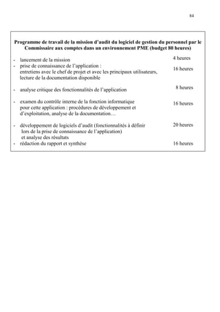 84
Programme de travail de la mission d’audit du logiciel de gestion du personnel par le
Commissaire aux comptes dans un environnement PME (budget 80 heures)
- lancement de la mission
- prise de connaissance de l’application :
entretiens avec le chef de projet et avec les principaux utilisateurs,
lecture de la documentation disponible
- analyse critique des fonctionnalités de l’application
- examen du contrôle interne de la fonction informatique
pour cette application : procédures de développement et
d’exploitation, analyse de la documentation…
- développement de logiciels d’audit (fonctionnalités à définir
lors de la prise de connaissance de l’application)
et analyse des résultats
- rédaction du rapport et synthèse
4 heures
16 heures
8 heures
16 heures
20 heures
16 heures
 