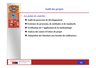 MASNAOUI 44
Audit des projets
• Les points de contrôles
Audit du processus de développement
Existence de processus, de méthodes et de standards
Vérification de l ’application de la méthodologie
Analyse des causes d’échecs de projet
Adéquation des fonctions aux besoins des utilisateurs
 