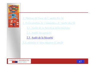 MASNAOUI 47
1. Notions de base de l ’audit des SI
2. Présentation de 3 domaines d ’Audit des SI
2.1. Audit de la fonction informatique
2.2. Audit des projets
2.3. Audit de la Sécurité
3. Conduite d ’une mission d ’audit
 