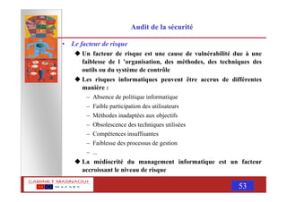 MASNAOUI 53
Audit de la sécurité
• Le facteur de risque
Un facteur de risque est une cause de vulnérabilité due à une
faiblesse de l ’organisation, des méthodes, des techniques des
outils ou du système de contrôle
Les risques informatiques peuvent être accrus de différentes
manière :
– Absence de politique informatique
– Faible participation des utilisateurs
– Méthodes inadaptées aux objectifs
– Obsolescence des techniques utilisées
– Compétences insuffisantes
– Faiblesse des processus de gestion
– ...
La médiocrité du management informatique est un facteur
accroissant le niveau de risque
 