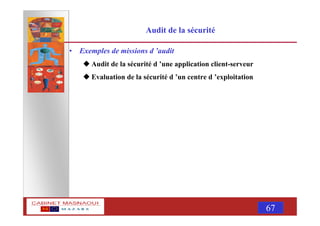 MASNAOUI 67
Audit de la sécurité
• Exemples de missions d ’audit
Audit de la sécurité d ’une application client-serveur
Evaluation de la sécurité d ’un centre d ’exploitation
 