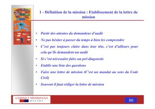 MASNAOUI 80
1 - Définition de la mission : Etablissement de la lettre de
mission
• Partir des attentes du demandeur d’audit
• Ne pas hésiter à passer du temps à bien les comprendre
• C’est pas toujours claire dans leur tête, c’est d’ailleurs pour
cela qu’ils demandent un audit
• Si c’est nécessaire faire un pré-diagonstic
• Etablir une liste des questions
• Faire une lettre de mission (C’est un mandat au sens du Code
Civil)
• Souvent il faut rédiger la lettre de mission
 