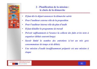 MASNAOUI 81
2 - Planification de la mission :
le choix de la démarche
• Il faut dès le départ annoncer la démarche suivie
• Pour l’auditeur externe rôle de la proposition
• Pour l’auditeur interne rôle du plan d’audit
• Il faut détailler le programme de travail
• Prévoir suffisamment à l’avance la collecte des faits et les tests à
organiser (délais souvent longs)
• Savoir limité le nombre des entretiens (c’est un très gros
consommateur de temps et de délais)
• Une mission d’audit insuffisamment préparée est une mission à
risque
 