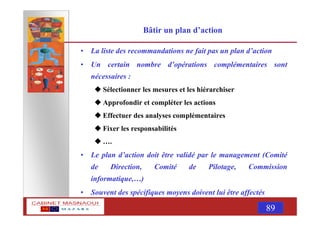 MASNAOUI 89
Bâtir un plan d’action
• La liste des recommandations ne fait pas un plan d’action
• Un certain nombre d’opérations complémentaires sont
nécessaires :
Sélectionner les mesures et les hiérarchiser
Approfondir et compléter les actions
Effectuer des analyses complémentaires
Fixer les responsabilités
….
• Le plan d’action doit être validé par le management (Comité
de Direction, Comité de Pilotage, Commission
informatique,…)
• Souvent des spécifiques moyens doivent lui être affectés
 