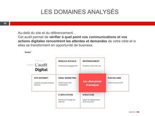 Web 2.0 : Stratégie, outils et pratique
1010
Au-delà du site et du référencement…
Cet audit permet de vérifier à quel point vos communications et vos
actions digitales rencontrent les attentes et demandes de votre cible et si
elles se transforment en opportunité de business.
LES DOMAINES ANALYSÉS
 