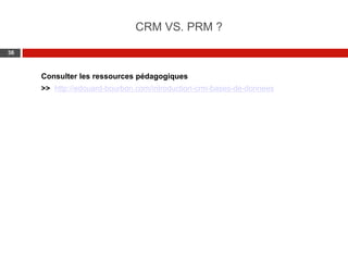 Web 2.0 : Stratégie, outils et pratique
3636
Consulter les ressources pédagogiques
>> http://edouard-bourbon.com/introduction-crm-bases-de-donnees
CRM VS. PRM ?
 