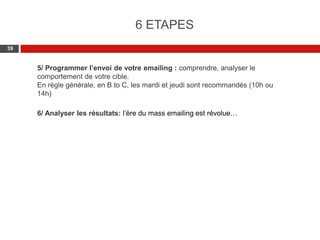 Web 2.0 : Stratégie, outils et pratique
3939
5/ Programmer l’envoi de votre emailing : comprendre, analyser le
comportement de votre cible.
En règle générale, en B to C, les mardi et jeudi sont recommandés (10h ou
14h)
6/ Analyser les résultats: l’ère du mass emailing est révolue…
6 ETAPES
 
