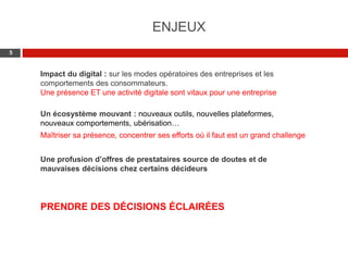 Web 2.0 : Stratégie, outils et pratique
55
Impact du digital : sur les modes opératoires des entreprises et les
comportements des consommateurs.
Une présence ET une activité digitale sont vitaux pour une entreprise
Un écosystème mouvant : nouveaux outils, nouvelles plateformes,
nouveaux comportements, ubérisation…
Maîtriser sa présence, concentrer ses efforts où il faut est un grand challenge
Une profusion d’offres de prestataires source de doutes et de
mauvaises décisions chez certains décideurs
PRENDRE DES DÉCISIONS ÉCLAIRÉES
ENJEUX
 
