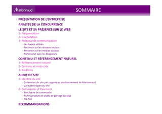 SOMMAIRE
PRÉSENTATION DE L’ENTREPRISE
ANALYSE DE LA CONCURRENCE
LE SITE ET SA PRÉSENCE SUR LE WEB
1- Fréquentation
2- E-réputation
3- Politique de communication
- Les leviers utilisés
- Présence sur les réseaux sociaux
- Présence sur les médias sociaux
- Partenariat avec les blogueurs
CONTENU ET RÉFÉRENCEMENT NATUREL
1- Référencement naturel
2- Contenu et mots-clés
3- Backlinks
AUDIT DE SITE
1- Identité du site
- Cohérence du site par rapport au positionnement de Marionnaud
- Caractéristiques du site
2- Commande et Paiement
- Procédure de commande
- Fiches produits et outils de partage sociaux
- Fia-Net
RECOMMANDATIONS
 
