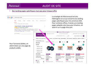 • Des landing pages spécifiques mais pas pour chaque offre
La stratégie de Marionnaud est très
hétérogène en ce qui concerne les landing
pages spécifiques pour les annonces SEA.
Pour certaines offres, il existe une landing
pages adaptée alors que pour d’autres, on
atterrit sur la page d’accueil.
Pour l’annonce Soldes, on
attérrit bien sur une page de
produits soldés
AUDIT DE SITE
 