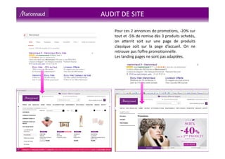 Pour ces 2 annonces de promotions, -20% sur
tout et -5% de remise dès 3 produits achetés,
on atterrit soit sur une page de produits
classique soit sur la page d’accueil. On ne
retrouve pas l’offre promotionnelle.
Les landing pages ne sont pas adaptées.
AUDIT DE SITE
 