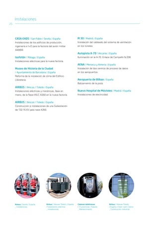Instalaciones
26




     CASA-EADS / San Pablo / Sevilla / España                           M 30 / Madrid / España
     Instalaciones de los edificios de producción,                      Instalación del cableado del sistema de ventilación
     ingeniería e I+D para la factoría del avión militar                en los túneles.
     A400M.
                                                                        Autopista A-70 / Alicante / España
     Isofotón / Málaga / España                                         Iluminación en la A-70. Enlace de Campello N-338.
     Instalaciones eléctricas para la nueva factoría.
                                                                        AENA / Menorca y Almería / España
     Museo de Historia de la Ciudad                                     Instalación de dos centros de proceso de datos
     / Ayuntamiento de Barcelona / España                               en los aeropuertos.
     Reforma de la instalación de clima del Edificio
     Llibreteria.                                                       Aeropuerto de Bilbao / España
                                                                        Balizamiento de la pista.
     AIRBUS / Illescas / Toledo / España
     Instalaciones eléctricas y mecánicas, llave en                     Nuevo Hospital de Móstoles / Madrid / España
     mano, de la Nave WLC A350 en la nueva factoría.                    Instalaciones de electricidad.


     AIRBUS / Illescas / Toledo / España
     Construcción e instalaciones de una Subestación
     de 132-15 KV para nave A350.




     Airbus / Sevilla / España      Airbus / Illescas-Toledo / España   Cabinas telefónicas              Airbus / Illescas-Toledo
     _ Instalaciones                / Subestación eléctrica             / 13 provincias / España         / España / Clean room Cabins
                                    _ Instalaciones                     _ Mantenimiento                  _ Construcción Industrial
 