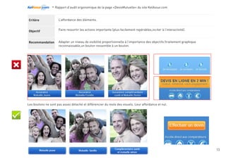 -Rapport d’audit ergonomique de la page «DevisMutuelle» du site KelAssur.com 05/12/2012
13
Objectif
Recommandation
Critère La page web est bien organisé.
Plus une page web contient d’objets, plus elle sera difficile à intégrer.
Supprimer tout ce qui est inutile.
L’information principale et bien plus visible en supprimant tout le
texte inutile et éléments perturbateur.
Lisibilité
 