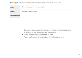 -Rapport d’audit ergonomique de la page «DevisMutuelle» du site KelAssur.com 05/12/2012
21
Objectif
Recommandation
Critère L’utilisateur est averti des ouvertures de nouvelles fenêtres.
Permettre à l’utilisateur d’anticiper le résultat de l’activation d’un lien. Permettre l’utilisation de la fonction backup
du clavier et de l’agent utilisateur pour revenir sur le site.
Ajouter une mention du type «nouvelle fenêtre» soit directement dans le libellé du lien, soit dans son attribut title
qui doit alores reprendre et compléter le libellé. Soit l’indiquer plus explicitement sur le titre.
Ouvrir le lien dans la même fenêtre si elles pointent vers d’autres pages internes du site : Les
utilisateurs ont pris pour habitude d’utiliser le bouton retour du navigateur pour revenir à l’endroit où ils
étaient. Or quand une nouvelle fenêtre s’ouvre, il n’y a pas de page précédente où ils peuvent aller. Cela
provoque la frustration et la désorientation de la plupart des utilisateurs.
Indiquer si un lien pointe vers un site externe (cc petit icone)
Navigation
 