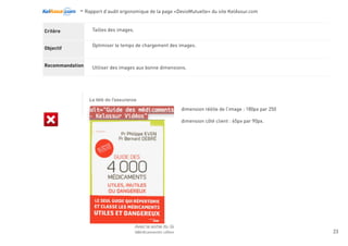 -Rapport d’audit ergonomique de la page «DevisMutuelle» du site KelAssur.com 05/12/2012
23
Objectif
Recommandation
Critère
Navigation
&éviter les erreurs 404en cours de navigation. Faciliter un accés rapide à tous les contenus.
Tous les hyper liens internes de la page sont valide.
S’assurer que l’outil utilisé pour la rédaction des contenus possède une gestion satisfaisonte et cohérente des
hyperliens internes.
La vérification peut-être automatiqée, à l’aide d’un outil tel que le validateur de liens du w3c. Ou encore
grâce à l’outil Xenu’s Link Sleuth.
Lien concerné :
 