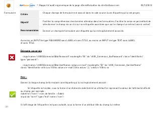 -Rapport d’audit ergonomique de la page «DevisMutuelle» du site KelAssur.com 05/12/2012
31
Objectif
Recommandation
Critère
Formulaire
Faciliter la compréhension des données attendus dans les formualires. Faciliter la saisie en permettant de
sélectionner le champ via un clic sur son étiquette aussi bien que sur le champs lui-même (case à cocher)
Chaque champs de formulaire est associé dans le code source à une étiquette qui lui est propre.
Donner un champ de formulaire une étiquette qui lui est explicitement associée.
Au moins un INPUT de type PASSWORD sans LABEL et sans TITLE, au moins un INPUT de type TEXT sans LABEL
et sans TITLE.
Éléments concernés
‹input name="ctl00$Connexion$tbxPassword" maxlength="50" id="ctl00_Connexion_tbxPassword" class="Identifiants"
type="password"›
‹input name="ctl00$Connexion$tbxUserName» value=»e-mail" maxlength="50" id="ctl00_Connexion_tbxUserName"
class="Identifiants» onfocus="if(this.value==’e-mail’) {this.value=’’;};" onblur="if(this.va
Reco :
Donner à chaque champ de formulaire une étiquette qui lui soit eplicitement associé :
	 Si l’étiquette est visible, sous la forme d’un éléments label doté d’un attribut for reprenant la valeur de l’attribut id affecté
au champ, par exemple :
‹label for="nom1"› nom de famille : ‹/label›
‹input id="nom1" type="text" name="nom"›
	
Si l’affichage de l’étiquette n’est pas souhaité, sous la forme d’un attribut title du champ lui-même
 