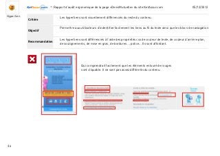-Rapport d’audit ergonomique de la page «DevisMutuelle» du site KelAssur.com 05/12/2012
36
Objectif
Recommandation
Critère
Hyperlien
Permettre aux utilisateurs d’indentifier facilement les liens au fil du texte ainsi que les blocs de naviagation
Les hyperliens sont visuellement différenciés du reste du contenu.
Les hyperliens sont différenciés à l’aide des propriétés css de couleur de texte, de couleur d’arrière plan,
de soulignements, de mise en gras, de bordures ... police... Ils sont affordant.
Qui comprendrait facilement que les éléments entouré de rouges
sont cliquable. Il ne sont pas assez différents du contenu.
 