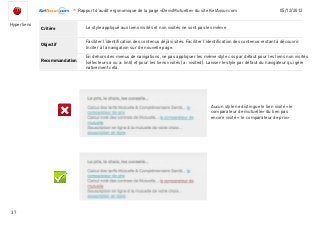 -Rapport d’audit ergonomique de la page «DevisMutuelle» du site KelAssur.com 05/12/2012
37
Objectif
Recommandation
Critère
Hyperliens
Faciliter l’identification des contenus déjà visités. Faciliter l’identification des contenus restant à découvrir.
Inciter à la navigation sur de nouvelle page.
Le style appliqué aux liens visités et non visités ne sont pas les même
En dehors des menus de navigations, ne pas appliquer les même style css par défaut pour les liens non visités
(sélecteurs a ou a: link) et pour les liens visités (a : visited). Laisser le style par défaut du navigateur qui gère
nativement cela.
Aucun style ne distingue le lien visité «le
comparateur de mutuelle» du lien pas
encore visité « le comparateur de prix»
 