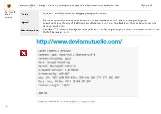 -Rapport d’audit ergonomique de la page «DevisMutuelle» du site KelAssur.com 05/12/2012
41
Objectif
Recommandation
Critère
Serveur &
Perfor-
mance
Permettre aux outils d’indexation et aux moteurs de recherche de connaitre la ou les langues du public
auquel est destinée la page et d’adresser aux utilisateurs le contenu répondant à leur choix de langue exprimés
dans leurs recherche.
Le serveur envoi l’indication de la langue principale du contenu.
L’en-tête HTTP content-Language est renseigné selon la ou les langues du public cible du document sous la forme
Content-Language : fr, en ...
La page devisMutuelle ne renseigne pas la langue utiliser
 