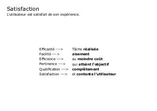Satisfaction
L’utilisateur est satisfait de son expérience.
Tâche réalisée
aisement
au moindre coût
qui atteint l’objectif
complètement
et contente l’utilisateur
Efficacité --->
Facilité --->
Efficience --->
Pertinence --->
Qualification --->
Satisfaction --->
 