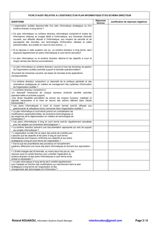 FICHE D’AUDIT RELATIVE A L’EXISTENCE D’UN PLAN INFORMATIQUE ET/OU SCHÉMA DIRECTEUR

                                                                                      Réponses
QUESTIONS                                                                                        Justification de réponses négatives
                                                                                       Oui/non
  L'organisation auditée dispose-t-elle d'un plan informatique stratégique ou d'un
  schéma directeur à long terme ?

  Ce plan informatique ou schéma directeur informatique comporte-t-il toutes les
  informations relatives au budget dédié à l'informatique, aux domaines d'activité
  couverts, aux effectifs alloués à l'informatique, aux moyens de sécurité et de
  sauvegarde des données, aux technologies d'information utilisées et celles
  prévisionnelles, aux projets en cours et ceux prévus, ...)

  Si la réponse à cette question est oui, ce schéma directeur à long terme, est-il
  esquissé régulièrement en plans informatiques à court terme (annuels)?

  Le plan informatique ou le schéma directeur décline-t-il les objectifs à court et
  moyen termes (les décrire succinctement).

  Le plan informatique ou schéma directeur couvre-t-il tous les domaines de gestion
  de l'organisation auditée (activités support et activités opérationnelles)?
-Enumérer les domaines couverts, les bases de données et les applications
correspondantes.

   Le schéma directeur comporte-il un descriptif de la politique générale et des
   orientations stratégiques en matière de management des systèmes d'information
   de l'organisation auditée ?
   Le schéma directeur comprend-t-il :
-Un descriptif fonctionnel de chaque domaine d'activité identifié (activités
opérationnelles et activités support)
-Une étude faisabilité permettant de prévoir les moyens humains, matériels et
logiciels nécessaires à la mise en œuvre des actions définies dans l'étude
fonctionnelle ?
   Les plans informatiques à court et moyen termes sont-ils diffusés aux
   gestionnaires et utilisateurs futurs concernés dans l'organisation auditée ?
   Le plan informatique à court terme prend-il en considération les
modifications organisationnelles, les évolutions technologiques et
les exigences de la réglementation en matière de technologies de
l’information ?
   Les plans informatiques à long et court terme sont-ils régulièrement actualisés
   pour les adapter aux évolutions technologiques ?
   Le schéma directeur prévoit-il une documentation appropriée qui sert de support
   aux projets informatiques ?
   L’organisation a-t-elle mis en place des points de contrôle pour
s’assurer que les objectifs et les plans à long et court terme
informatiques sont toujours conformes aux objectifs et aux plans
stratégiques à long et court terme de l’organisation ?
   Est-ce que les propriétaires des processus et l’encadrement
supérieur effectuent une revue des plans informatiques et donnent leur approbation
?
   L’Entité chargée des SI tient-elle, au moins deux fois par an, des
réunions avec le comité directeur pour contrôler l’application du
schéma directeur et des plans informatiques à court terme et les
réviser si nécessaire ?
   Le plan informatique à long terme est-il modifié régulièrement
pour l’adapter en fonction des modifications qui interviennent dans le plan
stratégique à long terme de l’organisation et des
changements des technologies de l’information ?




Roland KOUAKOU, Information Systems Expert Manager                              rolankouakou@gmail.com                  Page 3 / 9
 
