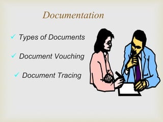 Documentation
 Types of Documents
 Document Vouching
 Document Tracing
 