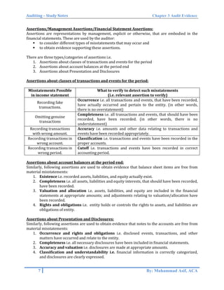 Auditing – Study Notes Chapter 3 Audit Evidence
Assertions/Management Assertions/Financial Statement Assertions:
Assertions are representations by management, explicit or otherwise, that are embodied in the
financial statements. These are used by the auditor:
 to consider different types of misstatements that may occur and
 to obtain evidence supporting these assertions.
There are three types/categories of assertions i.e.
1. Assertions about classes of transactions and events for the period
2. Assertions about account balances at the period end
3. Assertions about Presentation and Disclosures
Assertions about classes of transactions and events for the period:
Misstatements Possible
in income statement
What to verify to detect such misstatements
(i.e. relevant assertion to verify)
Recording fake
transactions.
Occurrence i.e. all transactions and events, that have been recorded,
have actually occurred and pertain to the entity. (in other words,
there is no overstatement)
Omitting genuine
transactions
Completeness i.e. all transactions and events, that should have been
recorded, have been recorded. (in other words, there is no
understatement)
Recording transactions
with wrong amount.
Accuracy i.e. amounts and other data relating to transactions and
events have been recorded appropriately.
Recording transactions in
wrong account.
Classification i.e. transactions and events have been recorded in the
proper accounts.
Recording transactions in
wrong period.
Cutoff i.e. transactions and events have been recorded in correct
accounting period.
Assertions about account balances at the period end:
Similarly, following assertions are used to obtain evidence that balance sheet items are free from
material misstatements:
1. Existence i.e. recorded assets, liabilities, and equity actually exist.
2. Completeness i.e. all assets, liabilities and equity interests, that should have been recorded,
have been recorded.
3. Valuation and allocation i.e. assets, liabilities, and equity are included in the financial
statements at appropriate amounts; and adjustments relating to valuation/allocation have
been recorded.
4. Rights and obligations i.e. entity holds or controls the rights to assets, and liabilities are
obligations of entity.
Assertions about Presentation and Disclosures:
Similarly, following assertions are used to obtain evidence that notes to the accounts are free from
material misstatements:
1. Occurrence and rights and obligations i.e. disclosed events, transactions, and other
matters have occurred and relate to the entity.
2. Completeness i.e. all necessary disclosures have been included in financial statements.
3. Accuracy and valuation i.e. disclosures are made at appropriate amounts.
4. Classification and understandability i.e. financial information is correctly categorized,
and disclosures are clearly expressed.
7 By: Muhammad Asif, ACA
 