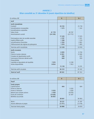 1
C
C
C
CH
H
H
HA
A
A
AP
P
P
PI
I
I
IT
T
T
TR
R
R
RE
E
E
E
87
Information comptable et management ﬁnancier
ANNEXE 2
Bilan consolidé au 31 décembre N (avant répartition du bénéﬁce)
En millions d’€ N N–1
Actif
Actifs immobilisés
Goodwill
Immobilisations incorporelles
Immobilisations corporelles
Valeur brute
Amortissement cumulé
Participations dans les sociétés associées
Impôts différés actifs
Immobilisations ﬁnancières
Préﬁnancement des régimes de prévoyance
41 778
(24 339)
26 745
1 575
17 439
2 707
1 398
2 394
1 070
40 797
(23 772)
25 718
1 242
17 025
2 561
1 519
2 862
1 083
Total des actifs immobilisés 53 328 52 010
Actifs circulants
Stocks
Clients et autres créances
Comptes de régularisation actifs
Instruments ﬁnanciers dérivés actifs
Disponibilités
Liquidités et équivalents de liquidités
Autres disponibilités
7 074
8 054
6 995
12 851
590
669
15 128
6 338
7 953
6 794
12 666
632
959
14 291
Total des actifs circulants 36 233 35 342
Total de l’actif 89 561 87 352
En millions d’€ N N–1
Passif
Fonds propres
Capital-actions
Primes et réserves
Primes à l’émission
Réserve pour propres actions
Écarts de conversion
Bénéﬁces accumulés
5 926
2 458
(5 630)
36 093
404
38 847
5 926
2 830
(4 070)
32 307
404
36 993
Moins :
Actions détenues en propre
39 251
(2 371)
37 397
(2 578)
Total des fonds propres 36 880 34 819
 