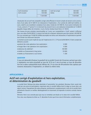 1
C
C
C
CH
H
H
HA
A
A
AP
P
P
PI
I
I
IT
T
T
TR
R
R
RE
E
E
E
99
Information comptable et management ﬁnancier
L’évaluation de cet actif net comptable corrigé a été effectué en tenant compte de terrains et de construc-
tions d’une valeur de 61 600 € non nécessaires à l’exploitation ; d’un contrat de crédit bail mobilier, en
cours, relatif à une installation complexe d’une valeur initiale de 324 000 €, d’une durée d’utilisation de
12 ans, conclu le 1er janvier N–2 et donnant lieu durant 8 ans à une redevance trimestrielle de 15 000 €
(payable chaque début de trimestre) ; le prix d’achat résiduel étant ﬁxé à 23 160 €.
Des travaux de gros entretien (amortissables en 5 ans), non comptabilisés à l’actif, restent à effectuer
pour une valeur de 80 000 €. Le besoin de fonds de roulement nécessaire peut être estimé à 48 000 €.
On a pu constater que 19 000 € d’effets escomptés non échus sont nécessaires à l’exploitation et permet-
tent d’éviter tout découvert bancaire.
Le résultat courant avant impôt (le taux de l’impôt est de 33 1/3 %) est de 80 000 €. Il tient compte des
éléments suivants :
•produits liés à des opérations hors exploitation : 6 000
•charges liées à des opérations hors exploitation : 4 000
•redevance de crédit-bail : 60 000
•intérêts sur ﬁnancement à long terme : 10 600
•intérêts sur ﬁnancement à court terme : 7 200
QUESTION
Il vous est demandé d’évaluer le goodwill de la société Vincent de Vincennes sachant que celui-
ci représente une rente actualisée au taux de 10 % sur 5 ans et qu’avec un taux de rémunéra-
tion de la valeur substantielle brute inférieur de 2 % au taux de rémunération des capitaux per-
manents nécessaires à l’exploitation, on obtient la même rente.
APPLICATION 5
Actif net corrigé d’exploitation et hors exploitation,
et détermination du goodwill
La société Henri fabrique des pièces destinées à l’automobile. Son président, Monsieur Henri, serait inté-
ressé par une prise de participation majoritaire dans la société Hélène dont le siège se trouve dans une
région voisine. L’équipement de cette entreprise, parfaitement complémentaire à celui de la société Henri
permettrait d’assurer un meilleur développement et notamment, de répondre à certains contrats interna-
tionaux.
Monsieur Henri vous consulte pour que vous lui remettiez une étude sur la valeur de la société Hélène.
Pour cela, vous disposez du bilan au 31 décembre N ainsi que d’une note d’information complémentaire.
Actif immobilisé
Actif circulant
480 000
540 000
Actif net corrigé
Dettes
460 000
560 000
1 020 000 1 020 000
 
