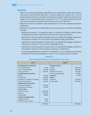 1
C
C
C
CH
H
H
HA
A
A
AP
P
P
PI
I
I
IT
T
T
TR
R
R
RE
E
E
E
100
Information comptable et management ﬁnancier
QUESTIONS
1. Déterminer l’actif net comptable corrigé (ANCC) de la société Hélène à partir de la situation
nette puis de l’actif réel et du passif réel ; on tiendra compte d’un impôt de 33 1/3 % sur
les plus-values de cession (à l’exception des titres pour lesquels l’impôt sera calculé au taux
moyen de 15 %, les taux réels pouvant varier de 0 à 33 1/3 % selon la nature des titres et
celle de la plus-value), les provisions pour hausse de prix et sur l’actif ﬁctif.
2. Déterminer l’actif net comptable corrigé d’exploitation et l’actif net comptable corrigé hors
exploitation.
3. Déterminer le goodwill de la société Hélène et son prix de cession en utilisant les méthodes
suivantes :
– méthode des praticiens : le goodwill est égal à la moitié de la différence entre la valeur
de rendement (calculée au taux de 8 %) et l’actif net corrigé d’exploitation ;
– méthode de la rente de goodwill calculée à partir du superbénéﬁce dégagé au-delà de la
rémunération normale à 7,5 % de l’actif net comptable corrigé d’exploitation ;
– méthode de la rente de goodwill calculée à partir du superbénéﬁce dégagé au-delà de la
rémunération normale à 5 % de la valeur substantielle brute ;
– méthode de la rente de goodwill calculée à partir du superbénéﬁce dégagé au-delà de la
rémunération normale à 8 % des capitaux nécessaires à l’exploitation.
– Les rentes de goodwill seront calculées sur une durée de 5 ans en considérant une croissance
annuelle de 5 % et seront actualisées au taux de 12 % en vue de calculer la survaleur.
ANNEXE 1
Bilan société Hélène au 31 décembre N (en euros)
ACTIF PASSIF
Immobilisations incorporelles
Frais d’établissement
Frais de développement
Fonds commercial
Immobilisations corporelles
Terrains
Constructions
Installations, matériels et outillage
Autres immobilisations
Immobilisations ﬁnancières
Titres de participation
Autres titres immobilisés
Actif circulant
Stocks et en cours
Créances
Disponibilités
Comptes de régularisation
Charges à répartir
Différences de conversion
3 000
90 000
200 000
60 000
340 000
420 000
160 000
100 000
20 000
1 330 000
1 170 000
98 000
6 000
3 000
Capitaux propres
Capital
Réserves
Résultat de l’exercice
Provisions réglementées
Provisions
Dettes
Emprunts
Autres dettes
1 000 000
885 000
180 000
120 000
15 000
200 000
1 600 000
4 000 000 4 000 000
 