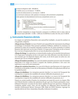 114
2
C
C
C
CH
H
H
HA
A
A
AP
P
P
PI
I
I
IT
T
T
TR
R
R
RE
E
E
E
Opérations ﬁnancières spéciﬁques et opérations faites en commun ou pour le compte de tiers
• emprunt obligations cédé : 200 000 € ;
• intérêts courus sur cet emprunt : 15 000 € ;
• prime de remboursement sur cet emprunt : 5 000 €.
La commission versée pour cette opération à la banque a été correctement comptabilisée.
Cette opération de désendettement de fait sera comptabilisée comme suit :
Le résultat comptabilisé en charges ﬁnancières correspond à la différence entre la valeur nette de
l’emprunt repris (200 000 + 15 000 – 5 000 soit 210 000 €) et la valeur des titres, soit 212 000 €.
3. Instruments financiers dérivés
Les risques sur opérations financières sont aujourd’hui multiples : on peut les analyser en
cinq grandes catégories.
• Risque de taux d’intérêt. Les taux d’intérêt sont aujourd’hui des instruments de politique
économique et monétaire. Pour pouvoir combattre l’inflation, améliorer la croissance ou
maintenir la valeur de la monnaie nationale en parité avec les autres monnaies, le système
financier doit intervenir sur les taux d’intérêt ; le risque pour l’entreprise est de se trouver
face à un taux d’emprunt plus élevé ou un taux de placement moins élevé.
• Risque de change. Les opérations se traitent de plus en plus sur les marchés internationaux
et le risque pour l’entreprise est de se voir payer une vente effectuée à une date donnée en
une monnaie qui s’est dépréciée depuis cette vente, ou de devoir payer un achat avec une
monnaie qui s’est au contraire appréciée.
• Risque de matières premières. Les cours de matières premières peuvent varier de manière
importante et le risque est d’avoir à acquérir des matières premières à des cours très
supérieurs à ceux où ils sont maintenant.
• Risque de variations boursières. Les cours de la Bourse sont fluctuants et le risque pour
l’entreprise est de perdre, à cause de ces fluctuations, le bénéfice d’un placement effectué sur
le marché boursier.
• Risque de défaillance. Les entreprises peuvent chercher à se couvrir de l’incapacité des
contreparties à respecter des modalités de contrats (difficultés de paiement, etc.).
• Risque de défaillance. Les entreprises peuvent chercher à se couvrir de l’incapacité des
contreparties à respecter des modalités de contrats (difficultés de paiement, etc.).
Depuis un certain nombre d’années, les entreprises ont essayé de couvrir ces risques. Elles
ont d’abord cherché à réaliser des opérations de gré à gré avec d’autres partenaires, essen-
tiellement financiers (accords de taux futurs appelés forward rate agreement, échanges de
conditions appelés swaps). Puis, ont été organisés sur différentes places boursières des
marchés d’instruments dérivés (Euronext Liffe, filiale de NYSE Euronext, regroupe les
marchés dérivés de Paris, Amsterdam, Bruxelles, Lisbonne et Londres).
668 Autres charges ﬁnancières 2 000
163 Emprunt obligations 200 000
1688 Intérêts courus sur emprunt obligataire 15 000
169 Prime de remboursement des obligations 5 000
503 Actions 200 000
767 Produis nets sur cessions de valeurs mobilières de placement 12 000
Opération de cession
 