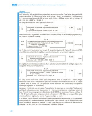120
2
C
C
C
CH
H
H
HA
A
A
AP
P
P
PI
I
I
IT
T
T
TR
R
R
RE
E
E
E
Opérations ﬁnancières spéciﬁques et opérations faites en commun ou pour le compte de tiers
EXEMPLE
Le 1er décembre N, la société Clément qui souhaite se couvrir ou proﬁter d’une baisse des taux d’intérêt
se porte acquéreur de 20 options d’achat sur le contrat « dérivés sur obligations » échéance mars
N+1, pour un prix d’exercice de 99. La prime payée s’élève à 0,80 par option, soit un montant de
20 × 100 000 × 0,80 % = 16 000 €.
On comptabilisera à cette date l’opération comme suit :
Une comptabilité d’engagement pourra être tenue dans les comptes de la classe 8 (engagement reçu).
On passerait l’opération suivante :
Au 31 décembre, il faudra aussi tenir compte de la variation du cours de l’option. Si le cours est 1,06,
un proﬁt sera comptabilisé s’il s’agit d’une opération spéculative sur un marché organisé :
S’il s’agit d’une opération de couverture ou d’une opération spéculative traité de gré à gré, la plus-value
sera portée dans un compte d’attente :
S’il s’agit d’une moins-value, celle-ci sera comptabilisée dans le compte 668 « Autres charges
ﬁnancières » dans le cas d’une opération spéculative traitée sur un marché organisé et dans un compte
d’attente dans les autres cas. Une provision pourra cependant être constituée (sauf opération
symétrique dégageant un proﬁt latent).
Remarque : Il est à noter que, dans le cas d’une opération de couverture, au moment de l’établissement
du bilan, la balance comportera deux comptes 52 « Instruments de trésorerie » relatifs aux options de
taux d’intérêt, le compte proprement dit, débiteur de 21 200 €, et le compte d’attente, créditeur de
5 200 €. Seul le solde de ces comptes sera porté au bilan, soit 16 000 € (ce qui correspond à la valeur
d’achat de l’option, la plus-value latente n’apparaissant pas au bilan).
À l’échéance, l’option peut être abandonnée, cédée ou exercée. Dans le premier cas, la société Clément
comptabilisera en charges ﬁnancières le prix de l’option. Dans le second cas, un proﬁt ou une charge
seront constaté sur la vente. Par exemple, s’il s’agit d’une opération de couverture et que l’option est
revendue 1,50 le 1er mars N+1, on comptabilisera l’opération suivante :
1.12.N
52 Instruments de trésorerie – Options de taux d’intérêt 16 000
512 Banque 16 000
Acquisition de 20 options d’achat au cours de 0,80
1.12.N
8028 Engagement reçu sur opérations conditionnelles sur marchés
organisés et assimilés d’instruments de taux d’intérêts 2 000 000
8092 Contrepartie engagement 2 000 000
Engagement reçu : 20 × 100 000
31.12.N
52 Instruments de trésorerie – Options de taux d’intérêt 5 200
768 Autres produits ﬁnanciers 5 200
Plus value : 20 × 100 000 × (1,06 – 0,80) %
31.12.N
52 Instruments de trésorerie – Options de taux d’intérêt 5 200
52 Instruments de trésorerie – Compte d’attente sur options
de taux d’intérêt 5 200
Plus value : 20 × 100 000 × (1,06 – 0,80) %
 