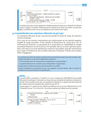 121
2
C
C
C
CH
H
H
HA
A
A
AP
P
P
PI
I
I
IT
T
T
TR
R
R
RE
E
E
E
Opérations ﬁnancières spéciﬁques et opérations faites en commun ou pour le compte de tiers
Ce produit pourra être ensuite rapporté aux résultats pendant la durée de vie résiduelle de l’élément
couvert. Si l’option est exercée, l’entreprise perd le montant de la prime mais réalise une plus-value
égale à la différence entre le cours au comptant et le prix d’exercice de l’option.
3.5 Comptabilisation des opérations effectuées de gré à gré
Les opérations effectuées de gré à gré peuvent prendre la forme de swaps, de contrats à
terme ou d’options.
Il n’y a pas sur ces contrats, contrairement aux contrats passés sur des marchés organisés,
d’appels de marge journaliers. Il faut attendre le dénouement du contrat pour voir un
mouvement de trésorerie. La contrepartie de ce mouvement est comptabilisée en charges
ou produits financiers. En fin d’exercice, il est possible, dans le cas d’une opération spécu-
lative voire dans le cas d’une opération de couverture non parfaite, de passer une provision
pour risque si l’évolution de taux est défavorable pour l’entreprise. Il faudra aussi compta-
biliser l’engagement.
EXEMPLE
La société Colette a contracté le 1er juillet N, sur 5 ans, un emprunt de 2 000 000 € à taux variable
TAM auprès d’une Banque A. Anticipant une hausse de taux, elle décide de transformer cet emprunt à
taux ﬁxe. Aussi la société conclut avec une contrepartie, la Banque B, un swap de taux dans lequel elle
paie, chaque année à la contrepartie des intérêts au taux de 6 %.
La prime payée le 1er juillet N est de 2 000 € (soit 400 euro par an). Le taux TAM étant de 5,5 % le
31 décembre N et de 7 % le 30 juin N+1 les écritures relatives aux intérêts seront les suivantes :
1.3.N+1
512 Banque 30 000
52
(ou 478)
Instruments de trésorerie – Compte d’attente sur options
de taux d’intérêt 5 200
52 Instruments de trésorerie – Options de taux d’intérêt
16 000 + 5 200 21 200
768 Autres produits ﬁnanciers 30 000 – 16 000 14 000
Prix de cession : 20 × 100 000 × 1,5 %
Les variations de valeur des options constatées lors de transactions de gré à gré sont inscrites à des
comptes transitoires, en attente de régularisation ultérieure :
– à l’actif du bilan pour les variations qui correspondent à une perte latente ;
– au passif du bilan pour les variations qui correspondent à un gain latent.
Les gains latents n’interviennent pas dans la formation du résultat.
Lorsque l’ensemble des transactions de gré à gré engendre une perte latente, celle-ci entraîne la
constitution d’une provision pour risque financier.
1.7.N
52 Instruments de trésorerie – Swaps de taux d’intérêt 2 000
512 Banque 2 000
Paiement prime
31.12.N
661 Charges d’intérêts 2 000 000 × 5,5 % × 6/12 55 000
1688 Intérêts courus sur emprunts 55 000
Intérêts sur emprunts
 