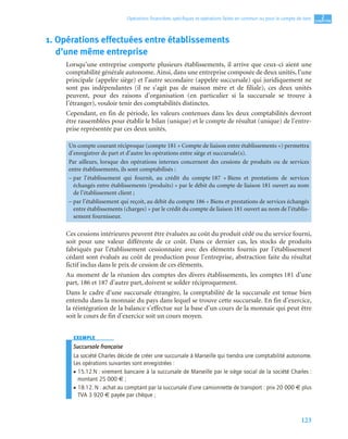 123
2
C
C
C
CH
H
H
HA
A
A
AP
P
P
PI
I
I
IT
T
T
TR
R
R
RE
E
E
E
Opérations ﬁnancières spéciﬁques et opérations faites en commun ou pour le compte de tiers
1. Opérations effectuées entre établissements
d’une même entreprise
Lorsqu’une entreprise comporte plusieurs établissements, il arrive que ceux-ci aient une
comptabilité générale autonome. Ainsi, dans une entreprise composée de deux unités, l’une
principale (appelée siège) et l’autre secondaire (appelée succursale) qui juridiquement ne
sont pas indépendantes (il ne s’agit pas de maison mère et de filiale), ces deux unités
peuvent, pour des raisons d’organisation (en particulier si la succursale se trouve à
l’étranger), vouloir tenir des comptabilités distinctes.
Cependant, en fin de période, les valeurs contenues dans les deux comptabilités devront
être rassemblées pour établir le bilan (unique) et le compte de résultat (unique) de l’entre-
prise représentée par ces deux unités.
Ces cessions intérieures peuvent être évaluées au coût du produit cédé ou du service fourni,
soit pour une valeur différente de ce coût. Dans ce dernier cas, les stocks de produits
fabriqués par l’établissement cessionnaire avec des éléments fournis par l’établissement
cédant sont évalués au coût de production pour l’entreprise, abstraction faite du résultat
fictif inclus dans le prix de cession de ces éléments.
Au moment de la réunion des comptes des divers établissements, les comptes 181 d’une
part, 186 et 187 d’autre part, doivent se solder réciproquement.
Dans le cadre d’une succursale étrangère, la comptabilité de la succursale est tenue bien
entendu dans la monnaie du pays dans lequel se trouve cette succursale. En fin d’exercice,
la réintégration de la balance s’effectue sur la base d’un cours de la monnaie qui peut être
soit le cours de fin d’exercice soit un cours moyen.
EXEMPLE
Succursale française
La société Charles décide de créer une succursale à Marseille qui tiendra une comptabilité autonome.
Les opérations suivantes sont enregistrées :
• 15.12.N : virement bancaire à la succursale de Marseille par le siège social de la société Charles :
montant 25 000 € ;
• 18.12. N : achat au comptant par la succursale d’une camionnette de transport : prix 20 000 € plus
TVA 3 920 € payée par chèque ;
Un compte courant réciproque (compte 181 « Compte de liaison entre établissements ») permettra
d’enregistrer de part et d’autre les opérations entre siège et succursale(s).
Par ailleurs, lorsque des opérations internes concernent des cessions de produits ou de services
entre établissements, ils sont comptabilisés :
– par l’établissement qui fournit, au crédit du compte 187 « Biens et prestations de services
échangés entre établissements (produits) » par le débit du compte de liaison 181 ouvert au nom
de l’établissement client ;
– par l’établissement qui reçoit, au débit du compte 186 « Biens et prestations de services échangés
entre établissements (charges) » par le crédit du compte de liaison 181 ouvert au nom de l’établis-
sement fournisseur.
 
