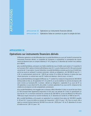 APPLICATIONS
133
APPLICATION 10
Opérations sur instruments ﬁnanciers dérivés
Différentes opérations ont été effectuées dans la société Barthélemy au cours de l’année N concernant les
instruments ﬁnanciers dérivés. Le comptable de l’entreprise a comptabilisé la contrepartie des mouve-
ments de trésorerie dans un compte d’attente (n° 471), lequel au 31 décembre de l’année N est créditeur
de 9 480 €.
a) La société Barthélemy, anticipant une faible volatilité des taux d’intérêt, avait vendu le 15 novembre N
sur Euronext Liffe 5 options d’achat (call) échéance mars N+1, au prix d’exercice de 95. Elle avait encaissé
une prime de 1,5 par option. Courant décembre, la société Barthélemy constate que les taux d’intérêt bais-
sent et se couvre en achetant 5 contrats notionnels « dérivés sur obligations » de 100 000 € mars N + 1
à 96. Le cautionnement versé est de 1 500 € par contrat. À la clôture de l’exercice, la baisse des taux
s’étant poursuivie. Le contrat mars vaut 97. L’option est devenue « dans le cours » et vaut 3.
b) La société Barthélemy envisageait d’effectuer au 1er octobre N un emprunt à long terme de 300 000 €
remboursable en bloc au 30 septembre N+5. En juillet N, en vue de stabiliser le coût de cet emprunt, elle
vend à terme sur Euronext.Liffe 3 contrats « dérivés sur obligations » septembre N au cours de 97. Le
30 septembre, le cours étant de 95, elle achète 3 contrats septembre N au cours de 95. L’emprunt et les
intérêts de cet emprunt ont été comptabilisés correctement.
c) La société Barthélemy s’est engagée avec sa banque, début décembre N, dans un accord de taux futurs
ou FRA (Forward Rate Agreement) emprunteur 6 mois pour une période de 3 mois lui garantissant un
taux ﬁxe de 5 %. Le montant notionnel du contrat est de 200 000 €. Le taux de référence du FRA est le
TMM (taux moyen mensuel du marché monétaire). Au 31 décembre de l’année N, le TMM est de 6 %.
d) La société Barthélemy a dû acquérir en septembre N un matériel d’une valeur de 100 000 $ payable
le 30 avril N+1 (cours du dollar au moment de l’acquisition 1,302 6 $ pour 1 €). Pour se couvrir, elle a
signé un contrat d’achat à terme de 100 000 $ au cours de 1,3026 pour 1 €. Au 31 décembre N, le cours
du dollar est de 1,281 6 $ pour 1 €.
application 10 Opérations sur instruments financiers dérivés
application 11 Opérations faites en commun ou pour le compte de tiers
 