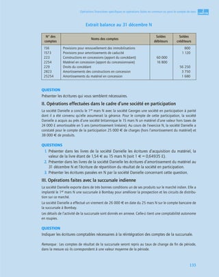2
C
C
C
CH
H
H
HA
A
A
AP
P
P
PI
I
I
IT
T
T
TR
R
R
RE
E
E
E
135
Opérations ﬁnancières spéciﬁques et opérations faites en commun ou pour le compte de tiers
Extrait balance au 31 décembre N
QUESTION
Présenter les écritures qui vous semblent nécessaires.
II. Opérations effectuées dans le cadre d’une société en participation
La société Danielle a conclu le 1er mars N avec la société Georges une société en participation à parité
dont il a été convenu qu’elle assumerait la gérance. Pour le compte de cette participation, la société
Danielle a acquis au près d’une société britannique le 15 mars N un matériel d’une valeur hors taxes de
24 000 £ amortissable en 5 ans (amortissement linéaire). Au cours de l’exercice N, la société Danielle a
constaté pour le compte de la participation 25 000 € de charges (hors l’amortissement du matériel) et
38 000 € de produits.
QUESTIONS
1. Présenter dans les livres de la société Danielle les écritures d’acquisition du matériel, la
valeur de la livre étant de 1,54 € au 15 mars N (soit 1 € = 0,64935 £).
2. Présenter dans les livres de la société Danielle les écritures d’amortissement du matériel au
31 décembre N et l’écriture de répartition du résultat de la société en participation.
3. Présenter les écritures passées en N par la société Danielle concernant cette question.
III. Opérations faites avec la succursale indienne
La société Danielle exporte dans de très bonnes conditions un de ses produits sur le marché indien. Elle a
implanté le 1er mars N une succursale à Bombay pour améliorer la prospection et les circuits de distribu-
tion sur ce marché.
La société Danielle a effectué un virement de 26 000 € en date du 25 mars N sur le compte bancaire de
la succursale à Bombay.
Les détails de l’activité de la succursale sont donnés en annexe. Celle-ci tient une comptabilité autonome
en roupies.
QUESTION
Indiquer les écritures comptables nécessaires à la réintégration des comptes de la succursale.
Remarque : Les comptes de résultat de la succursale seront repris au taux de change de ﬁn de période,
dans la mesure où ils correspondent à une valeur moyenne de la période.
N° des
comptes
Noms des comptes
Soldes
débiteurs
Soldes
créditeurs
156
1573
223
2254
229
2823
25254
Provisions pour renouvellement des immobilisations
Provisions pour amortissements de caducité
Constructions en concessions (apport du concédant)
Matériel en concession (apport du concessionnaire)
Droits du concédant
Amortissements des constructions en concession
Amortissements du matériel en concession
60 000
16 800
800
1 120
56 250
3 750
1 680
 