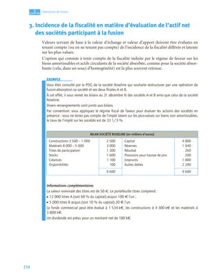 154
3
C
C
C
CH
H
H
HA
A
A
AP
P
P
PI
I
I
IT
T
T
TR
R
R
RE
E
E
E
Opérations de fusion
3. Incidence de la fiscalité en matière d’évaluation de l’actif net
des sociétés participant à la fusion
Valeurs servant de base à la valeur d’échange et valeur d’apport doivent être évaluées en
tenant compte (ou en ne tenant pas compte) de l’incidence de la fiscalité différée et latente
sur les plus-values.
L’option qui consiste à tenir compte de la fiscalité induite par le régime de faveur sur les
biens amortissables et actifs circulants de la société absorbée, comme pour la société absor-
bante (cela, dans un souci d’homogénéité) est la plus souvent retenue.
EXEMPLE
EXEMPLE
EXEMPLE
EXEMPLE
EXEMPLE
EXEMPLE
Vous êtes consulté par le PDG de la société Roseline qui souhaite restructurer par une opération de
fusion-absorption sa société et ses deux ﬁliales A et B.
À cet effet, il vous remet les bilans au 31 décembre N des sociétés A et B ainsi que celui de la société
Roseline.
Divers renseignements sont joints aux bilans.
Par convention, vous appliquez le régime ﬁscal de faveur pour évaluer les actions des sociétés en
présence : vous ne tenez pas compte de l’impôt latent sur les plus-values sur biens non amortissables,
le taux de l’impôt sur les sociétés est de 33 1/3 %.
Informations complémentaires
La valeur nominale des titres est de 50 €. Le portefeuille titres comprend :
• 12 000 titres A (soit 60 % du capital) acquis 100 € l’un ;
• 5 000 titres B acquis (soit 10 % du capital) 20 € l’un.
Le fonds commercial peut être évalué à 1 534 k€, les constructions à 4 300 k€ et les matériels à
3 800 k€.
Un dividende est prévu pour un montant net de 100 k€.
BILAN SOCIÉTÉ ROSELINE (en milliers d’euros)
Constructions 3 500 – 1 000
Matériels 8 000 – 5 000
Titres de participation
Stocks
Créances
Disponibilités
2 500
3 000
1 300
1 600
1 100
100
Capital
Réserves
Résultat
Provisions pour hausse de prix
Emprunts
Autres dettes
4 000
1 940
260
200
1 000
2 200
9 600 9 600
 