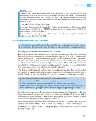 167
3
C
C
C
CH
H
H
HA
A
A
AP
P
P
PI
I
I
IT
T
T
TR
R
R
RE
E
E
E
Opérations de fusion
EXEMPLE
Supposons que la société Rodrigue ait absorbé la société Romuald. La participation de Rodrigue dans
Romuald était de 30 % et les titres Romuald avaient été acquis pour 300 000 €. La valeur réelle de
la société absorbée au moment de la fusion est de 1 400 000 €. Depuis la prise de participation de
Rodrigue dans Romuald, la société Romuald a réalisé 100 000 € de bénéﬁces mis en réserves. Le boni
de fusion est de :
1 400 000 × 30 % – 300 000 = 120 000 €.
Il sera porté dans un compte de résultat (761 : Produits des participations ou 768 : Autres produits
ﬁnanciers) pour 100 000 × 30 % = 30 000 € et dans un compte de capitaux propres (1042 : Prime
de fusion) pour le solde, soit 90 000 €.
Si les résultats accumulés ne peuvent être déterminés de manière ﬁable, on comptabilisera la totalité
du boni de fusion dans le compte 1042.
6.2 Comptabilisation du mali de fusion
Le mali de fusion peut être décomposé en deux éléments.
• Un mali technique généralement constaté pour les fusions évaluées à la valeur comptable
lorsque la valeur nette des titres de la société absorbée figurant à l’actif de la société absor-
bante est supérieure à l’actif net comptable apporté. Cette composante du mali correspond,
à hauteur de la participation antérieurement détenue, aux plus-values latentes sur éléments
d’actif comptabilisés ou non dans les comptes de l’absorbée, déduction faite des passifs non
comptabilisés en l’absence d’obligation comptable dans les comptes de la société absorbée
(par exemple provisions pour retraites, impôts différés passifs).
• Au-delà du mali technique, le solde du mali, qui peut être représentatif d’un complément de
dépréciation de la participation détenue dans la société absorbée, doit être comptabilisé dans le
résultat financier de la société absorbante de l’exercice au cours duquel l’opération est réalisée.
Le mali technique correspond à la quote-part revenant des écarts d’évaluation et d’acqui-
sition qui auraient été constaté lors de la première consolidation de la future société
absorbée dans les comptes de la société absorbante (pour l’analyse des notions d’écarts
d’évaluation et d’acquisition, voir chapitre 4, section 5).
La société absorbante ou bénéficiaire des apports doit inscrire la totalité du mali technique
dans un sous-compte intitulé « mali de fusion » du compte 207 « fonds commercial ».
Il est à noter que l’article 210 A du CGI ne permet pas la déduction fiscale du mali technique
(voir section 2 § 2.2).
Le mali de fusion représente l’écart négatif entre l’actif net reçu par la société absorbante à hauteur
de sa participation détenue dans la société absorbée, et la valeur comptable de cette participation.
Il y a mali technique lorsque les trois conditions suivantes sont réunies :
– les apports sont comptabilisés à la valeur comptable ;
– la société absorbante est propriétaire d’une partie du capital de la société absorbée ;
– les titres de la société absorbée possédés par la société absorbante ont une valeur supérieure à la
valeur comptable de la quote-part des actifs diminués des passifs représentée par ces titres.
 