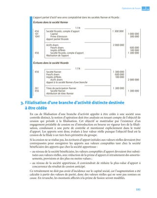 181
3
C
C
C
CH
H
H
HA
A
A
AP
P
P
PI
I
I
IT
T
T
TR
R
R
RE
E
E
E
Opérations de fusion
L’apport partiel d’actif sera ainsi comptabilisé dans les sociétés Rainier et Ricardo :
Écritures dans la société Rainier
Écritures dans la société Ricardo
3. Filialisation d’une branche d’activité distincte destinée
à être cédée
En cas de filialisation d’une branche d’activité appelée à être cédée à une société sous
contrôle distinct, la notion d’opération doit être analysée en tenant compte de l’objectif de
cession qui préside à la filialisation. Cet objectif se matérialise par l’existence d’un
engagement préalable de cession ou d’introduction en bourse en vigueur lors de la filiali-
sation, conduisant à une perte de contrôle et mentionné explicitement dans le traité
d’apport. Les apports sont donc évalués à leur valeur réelle puisque l’objectif final est la
cession de la filiale à un tiers hors périmètre du groupe.
Si la cession ne se réalise pas, les écritures d’apport initiales aux valeurs réelles devraient être
contrepassées pour enregistrer les apports aux valeurs comptables tant chez la société
bénéficiaire des apports que chez la société apporteuse :
– au niveau de la société bénéficiaire, les valeurs comptables d’apport devraient être substi-
tuées aux valeurs réelles, avec réduction de la prime d’apport et retraitement des amortis-
sements, provisions et des plus ou moins-values ;
– au niveau de la société apporteuse, il conviendrait de réduire la plus-value d’apport à
concurrence du résultat de cession anticipé.
Ce retraitement ne doit pas avoir d’incidence sur le capital social, car l’augmentation a été
calculée à partir des valeurs de parité, donc des valeurs réelles qui ne sont pas remises en
cause. En revanche, les montants affectés à la prime de fusion seront modifiés.
1.1.N
456 Société Ricardo, compte d’apport 1 300 000
101 Capital 1 000 000
1041 Prime d’émission 300 000
Apport partiel Ricardo
Actifs divers 2 000 000
Passifs divers 600 000
Impôts différés 100 000
456 Société Ricardo, compte d’apport 1 300 000
Réalisation de l’apport
1.1.N
456 Société Rainier 1 300 000
Passifs divers 600 000
Impôts différés 100 000
Actifs divers 2 000 000
Apport à la société Rainier d’une branche
261 Titres de participation Rainier 1 300 000
456 Société Rainier 1 300 000
Attribution de titres Rainier
 