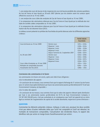3
C
C
C
CH
H
H
HA
A
A
AP
P
P
PI
I
I
IT
T
T
TR
R
R
RE
E
E
E
186
Opérations de fusion
1. une analyse des cours de bourse et des moyennes de cours de bourse pondérés des volumes quotidiens
de Gaz de France et Suez Ajusté au 28 août 2007 (dernier jour de cotation avant les rumeurs ayant
affecté les cours) et au 16 mai 2008 ;
2. une analyse des cours cibles des analystes de Gaz de France et Suez Ajusté au 16 mai 2008 ;
3. la comparaison des valorisations obtenues pour Gaz de France et Suez Ajusté par la méthode des mul-
tiples de sociétés cotées comparables au 16 mai 2008 ;
4. la comparaison des valorisations obtenues pour Gaz de France et Suez Ajusté par la méthode d’actua-
lisation des ﬂux de trésorerie futurs (DCF).
Le tableau suivant présente la synthèse des fourchettes de parité obtenues selon les différentes approches
ci-dessus :
Conclusions des commissaires à la fusion
Les commissaires à la fusion ont conclu, après avoir décrit leurs diligences :
•Sur la rémunération des apports
« En conclusion de nos travaux, nous sommes d’avis que le rapport d’échange de 21 actions Gaz de France
pour 22 actions Suez après distribution par Suez à ses actionnaires (autres qu’elle-même) de 65 % de Suez
Environnement Company, est équitable. »
•Sur la valeur des apports
« En conclusion de nos travaux, nous sommes d’avis que la valeur des apports s’élevant après distribution
par Suez à ses actionnaires (autres qu’elle-même) de 65 % de Suez Environnement Company à
29 187 602 056,00 euros, n’est pas surévaluée et, en conséquence, que l’actif net apporté est au moins
égal au montant de l’augmentation de capital de la société absorbante, majoré de la prime d’émission »
QUESTION
Commentez les éléments présentés ci-dessus. Indiquez, à votre avis, pourquoi les deux sociétés
n’ont pas retenu d’autres méthodes telles que l’actif net comptable et l’actif net réévalué, les
multiples de transactions comparables, l’actualisation des dividendes futurs, le rapport des
bénéﬁces nets par action et marge brute d’autoﬁnancement par action.
Parité induite
Fourchette
Cours de bourse au 16 mai 2008
Au 28 août 2007
Cours cibles d’analystes au 16 mai 2008
Multiples de comparables boursiers
Actualisation des ﬂux (DCF)
Dernier cours
Moyenne 1 mois
Moyenne 3 mois
Moyenne 6 mois
Depuis l’annonce du 3 septembre 2007
Dernier cours
Moyenne 1 mois
Moyenne 3 mois
Moyenne 6 mois
0,91x – 0,94x
0,90x – 0,93x
0,90x – 0,94x
0,93x – 0,97x
0,94x – 0,97x
0,92x – 0,96x
0,92x – 0,96x
0,93x – 0,97x
0,94x – 0,97x
0,91x – 1,02x
0,85x – 1,03x
0,86x – 1,05x
 