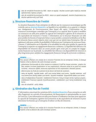 7
1
C
C
C
CH
H
H
HA
A
A
AP
P
P
PI
I
I
IT
T
T
TR
R
R
RE
E
E
E
Information comptable et management ﬁnancier
– ratio de rentabilité ﬁnancière (ou ROE : return on equity) : résultat courant après impôt (ou résultat
opérationnel)/capitaux propres ;
– ratio de rentabilité économique (ou ROCE : return on capital employed) : résultat d’exploitation (ou
résultat opérationnel)/actif total.
3. Structure financière de l’entité
La situation financière d’une entreprise est affectée par les ressources économiques qu’elle
contrôle, par sa structure financière, sa liquidité et sa solvabilité, et sa capacité à s’adapter
aux changements de l’environnement dans lequel elle opère. L’information sur les
ressources économiques contrôlées par l’entreprise et sa capacité dans le passé à modifier
ces ressources est utile pour prédire la capacité de l’entreprise à générer de la trésorerie et
des équivalents de trésorerie à l’avenir. L’information sur la structure financière est utile
pour prédire les besoins d’emprunts futurs et pour prédire comment les bénéfices et les flux
de trésorerie futurs seront répartis entre ceux qui ont un intérêt dans l’entreprise. Elle est
également utile pour prédire la probabilité d’obtention par l’entreprise de nouveaux finan-
cements. L’information sur la liquidité et la solvabilité est utile pour prédire la capacité de
l’entreprise à respecter ses engagements financiers à échéance. La liquidité fait référence à la
disponibilité de trésorerie dans un avenir proche après avoir pris en compte les engage-
ments financiers sur la période. La solvabilité fait référence à la disponibilité de trésorerie à
plus long terme pour satisfaire les engagements financiers lorsqu’ils arriveront à échéance.
EXEMPLE
Pour pouvoir effectuer une analyse de la structure ﬁnancière de ses entreprises clientes, la banque
Hadrien a fait la sélection des outils d’analyse suivants :
– présentation fonctionnelle du bilan mettant en évidence à l’actif les masses suivantes : emplois sta-
bles, emplois circulants (exploitation et hors exploitation), trésorerie active et au passif les masses
suivantes : ressources stables, ressources exploitation et hors exploitation, trésorerie passive ;
– détermination du fonds de roulement et du besoin de fonds de roulement ;
– ratios de liquidité : liquidité totale : actif court terme/dettes court terme ; liquidité restreinte : actif
court terme (hors stocks)/dettes court terme ; liquidité immédiate : disponibilités dettes court terme ;
– ratios d’indépendance ﬁnancière : endettement ﬁnancier à long et moyen terme/capitaux propres ;
endettement ﬁnancier/capacité d’autoﬁnancement ; endettement court terme/endettement long
terme ;
– ratio de solvabilité : actifs/dettes.
4. Génération des flux de l’entité
L’information concernant les variations de la situation financière d’une entreprise est utile
afin d’apprécier ses activités d’investissement, de financement et opérationnelles au cours
de l’exercice. Cette information est utile pour fournir à l’utilisateur une base pour apprécier
la capacité de l’entreprise à générer de la trésorerie et des équivalents de trésorerie et pour
déterminer les besoins qu’a l’entreprise d’utiliser ces flux de trésorerie.
EXEMPLE
Pour pouvoir effectuer une analyse de la structure ﬁnancière de ses entreprises clientes, la banque
Hadrien a fait la sélection des outils d’analyse suivants :
 
