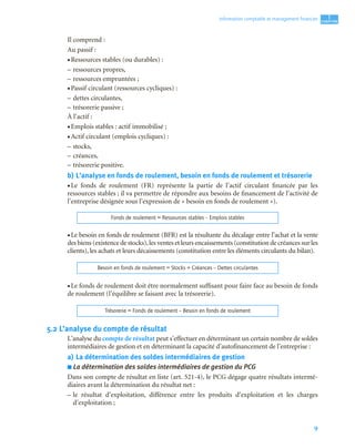 9
1
C
C
C
CH
H
H
HA
A
A
AP
P
P
PI
I
I
IT
T
T
TR
R
R
RE
E
E
E
Information comptable et management ﬁnancier
Il comprend :
Au passif :
• Ressources stables (ou durables) :
– ressources propres,
– ressources empruntées ;
• Passif circulant (ressources cycliques) :
– dettes circulantes,
– trésorerie passive ;
À l’actif :
• Emplois stables : actif immobilisé ;
• Actif circulant (emplois cycliques) :
– stocks,
– créances,
– trésorerie positive.
b) L’analyse en fonds de roulement, besoin en fonds de roulement et trésorerie
• Le fonds de roulement (FR) représente la partie de l’actif circulant financée par les
ressources stables ; il va permettre de répondre aux besoins de financement de l’activité de
l’entreprise désignée sous l’expression de « besoin en fonds de roulement »).
• Le besoin en fonds de roulement (BFR) est la résultante du décalage entre l’achat et la vente
des biens (existence de stocks),les ventes et leurs encaissements (constitution de créances sur les
clients), les achats et leurs décaissements (constitution entre les éléments circulants du bilan).
• Le fonds de roulement doit être normalement suffisant pour faire face au besoin de fonds
de roulement (l’équilibre se faisant avec la trésorerie).
5.2 L’analyse du compte de résultat
L’analyse du compte de résultat peut s’effectuer en déterminant un certain nombre de soldes
intermédiaires de gestion et en déterminant la capacité d’autofinancement de l’entreprise :
a) La détermination des soldes intermédiaires de gestion
■ La détermination des soldes intermédiaires de gestion du PCG
Dans son compte de résultat en liste (art. 521-4), le PCG dégage quatre résultats intermé-
diaires avant la détermination du résultat net :
– le résultat d’exploitation, différence entre les produits d’exploitation et les charges
d’exploitation ;
Fonds de roulement = Ressources stables – Emplois stables
Besoin en fonds de roulement = Stocks + Créances – Dettes circulantes
Trésorerie = Fonds de roulement – Besoin en fonds de roulement
 