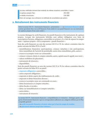 228
4
C
C
C
CH
H
H
HA
A
A
AP
P
P
PI
I
I
IT
T
T
TR
R
R
RE
E
E
E
Les comptes consolidés
Les deux méthodes donnent bien entendu les mêmes situations consolidées, à savoir :
• capitaux propres Yves : 264 000
• intérêts minoritaires : 536 000
Dans cet ouvrage, nous utiliserons la méthode de consolidation par paliers.
2. Retraitement des instruments financiers
La norme distingue les actifs financiers, les passifs financiers et les instruments de capitaux
propres. Lorsque des instruments hybrides sont utilisés (obligation avec bons de
souscription d’actions, obligations convertibles en actions), il y a lieu de séparer la compo-
sante « capitaux propres » de la composante « passifs financiers ».
Sont des actifs financiers au sens des normes IAS 32 et 39, les valeurs constatées dans les
postes suivants du bilan PCG à l’actif :
– immobilisations financières (participations, créances rattachées à des participations,
titres immobilisés de l’activité de portefeuille, autres titres immobilisés, prêts, autres) ;
– avances et acomptes versés sur commandes ;
– créances (créances clients et comptes rattachés, autres, capital souscrit-appelé, non versé) ;
– valeurs mobilières de placement ;
– instruments de trésorerie ;
– disponibilités.
Sont des passifs financiers au sens des normes IAS 32 et 39, les valeurs constatées dans les
postes suivants du bilan PCG au passif :
– emprunts obligataires convertibles ;
– autres emprunts obligataires ;
– emprunts et dettes auprès des établissements de crédit ;
– emprunts et dettes financières diverses ;
– avances et acomptes reçus sur commande en cours ;
– dettes fournisseurs et comptes rattachés ;
– dettes fiscales et sociales ;
– dettes sur immobilisations et comptes rattachés ;
– autres dettes ;
– instruments de trésorerie.
Selon la norme IAS 32 « Instruments financiers : présentation » : « un instrument financier est un
contrat qui donne lieu à un actif financier d’une entité et à un passif financier ou à un instrument
de capitaux propres d’une autre entité ».
La norme IAS 39 « Instruments financiers : comptabilisation et évaluation » distingue quatre caté-
gories d’instruments financiers (qui ne correspondent nullement aux catégories définies par le Plan
comptable général) :
– les actifs (ou passifs) financiers à la juste valeur par le bais du compte de résultat ;
– les placements détenus jusqu’à leur échéance ;
 