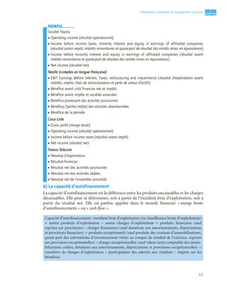 11
1
C
C
C
CH
H
H
HA
A
A
AP
P
P
PI
I
I
IT
T
T
TR
R
R
RE
E
E
E
Information comptable et management ﬁnancier
EXEMPLE
Société Toyota
• Operating income (résultat opérationnel)
• Income before income taxes, minority interest and equity in earnings of affiliated companies
(résultat avant impôt, intérêts minoritaires et quote-part de résultat des entités mises en équivalence)
• Income before minority interest and equity in earnings of affiliated companies (résultat avant
intérêts minoritaires et quote-part de résultat des entités mises en équivalence)
• Net income (résultat net)
Nestlé (comptes en langue française)
• EBIT Earnings Before Interest, Taxes, restructuring and impairments (résultat d’exploitation avant
intérêts, impôts, frais de restructuration et perte de valeur d’actifs)
• Bénéfice avant coût financier net et impôts
• Bénéfice avant impôts et sociétés associées
• Bénéfice provenant des activités poursuivies
• Bénéfice/(perte) net(te) des activités abandonnées
• Bénéfice de la période
Coca Cola
• Gross profit (marge brute)
• Operating income (résultat opérationnel)
• Income before income taxes (résultat avant impôt)
• Net income (résultat net)
France Telecom
• Résultat d’exploitation
• Résultat financier
• Résultat net des activités poursuivies
• Résultat net des activités cédées
• Résultat net de l’ensemble consolidé
b) La capacité d’autofinancement
La capacité d’autofinancement est la différence entre les produits encaissables et les charges
décaissables. Elle peut se déterminer, soit à partir de l’excédent brut d’exploitation, soit à
partir du résultat net. Elle est parfois appelée dans le monde financier « marge brute
d’autofinancement » ou « cash flow ».
Capacité d’autofinancement : excédent brut d’exploitation (ou insuffisance brute d’exploitation)
+ autres produits d’exploitation – autres charges d’exploitation + produits financiers (sauf
reprises sur provisions) – charges financières (sauf dotations aux amortissements, dépréciations
et provisions financiers) + produits exceptionnels (sauf produits des cessions d’immobilisations,
quote-part des subventions d’investissement virées au compte de résultat de l’exercice, reprises
sur provisions exceptionnelles) – charges exceptionnelles (sauf valeur nette comptable des immo-
bilisations cédées, dotations aux amortissements, dépréciations et provisions exceptionnelles) +
transferts de charges d’exploitation – participation des salariés aux résultats – impôts sur les
bénéfices.
 