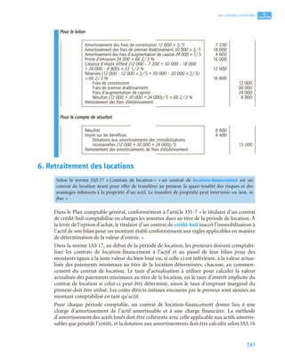 243
4
C
C
C
CH
H
H
HA
A
A
AP
P
P
PI
I
I
IT
T
T
TR
R
R
RE
E
E
E
Les comptes consolidés
Pour le bilan
Pour le compte de résultat
6. Retraitement des locations
Dans le Plan comptable général, conformément à l’article 331-7 « le titulaire d’un contrat
de crédit-bail comptabilise en charges les sommes dues au titre de la période de location. À
la levée de l’option d’achat, le titulaire d’un contrat de crédit-bail inscrit l’immobilisation à
l’actif de son bilan pour un montant établi conformément aux règles applicables en matière
de détermination de la valeur d’entrée. »
Dans la norme IAS 17, au début de la période de location, les preneurs doivent comptabi-
liser les contrats de location-financement à l’actif et au passif de leur bilan pour des
montants égaux à la juste valeur du bien loué ou, si celle-ci est inférieure, à la valeur actua-
lisée des paiements minimaux au titre de la location déterminées, chacune, au commen-
cement du contrat de location. Le taux d’actualisation à utiliser pour calculer la valeur
actualisée des paiements minimaux au titre de la location, est le taux d’intérêt implicite du
contrat de location si celui-ci peut être déterminé, sinon le taux d’emprunt marginal du
preneur doit être utilisé. Les coûts directs initiaux encourus par le preneur sont ajoutés au
montant comptabilisé en tant qu’actif.
Pour chaque période comptable, un contrat de location-financement donne lieu à une
charge d’amortissement de l’actif amortissable et à une charge financière. La méthode
d’amortissement des actifs loués doit être cohérente avec celle applicable aux actifs amortis-
sables que possède l’entité, et la dotation aux amortissements doit être calculée selon IAS 16
Amortissement des frais de constitution 12 000 × 3/5 7 200
Amortissement des frais de premier établissement 30 000 × 3/5 18 000
Amortissement des frais d’augmentation de capital 24 000 × 1/5 4 800
Prime d’émission 24 000 × 66 2/3 % 16 000
Créance d’impôt différé (12 000 – 7 200 + 30 000 – 18 000
+ 24 000 – 4 800) × 33 1/3 % 12 000
Réserves (12 000 – 12 000 × 2/5 + 30 000 – 30 000 × 2/5)
× 66 2/3 % 16 800
Frais de constitution 12 000
Frais de premier établissement 30 000
Frais d’augmentation de capital 24 000
Résultat (12 000 + 30 000 + 24 000)/5 × 66 2/3 % 8 800
Retraitement des frais d’établissement
Résultat 8 800
Impôt sur les bénéﬁces 4 400
Dotations aux amortissements des immobilisations
incorporelles (12 000 + 30 000 + 24 000)/5 13 200
Retraitement des amortissements de frais d’établissement
Selon la norme IAS 17 « Contrats de location » « un contrat de location-financement est un
contrat de location ayant pour effet de transférer au preneur la quasi-totalité des risques et des
avantages inhérents à la propriété d’un actif. Le transfert de propriété peut intervenir ou non, in
fine. »
 