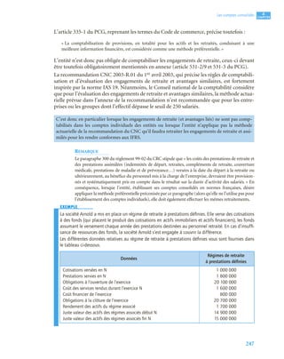 247
4
C
C
C
CH
H
H
HA
A
A
AP
P
P
PI
I
I
IT
T
T
TR
R
R
RE
E
E
E
Les comptes consolidés
L’article 335-1 du PCG, reprenant les termes du Code de commerce, précise toutefois :
« La comptabilisation de provisions, en totalité pour les actifs et les retraités, conduisant à une
meilleure information financière, est considérée comme une méthode préférentielle. »
L’entité n’est donc pas obligée de comptabiliser les engagements de retraite, ceux-ci devant
être toutefois obligatoirement mentionnés en annexe (article 531-2/9 et 531-3 du PCG).
La recommandation CNC 2003-R.01 du 1er avril 2003, qui précise les règles de comptabili-
sation et d’évaluation des engagements de retraite et avantages similaires, est fortement
inspirée par la norme IAS 19. Néanmoins, le Conseil national de la comptabilité considère
que pour l’évaluation des engagements de retraite et avantages similaires, la méthode actua-
rielle prévue dans l’annexe de la recommandation n’est recommandée que pour les entre-
prises ou les groupes dont l’effectif dépasse le seuil de 250 salariés.
REMARQUE
Le paragraphe 300 du règlement 99-02 du CRC stipule que « les coûts des prestations de retraite et
des prestations assimilées (indemnités de départ, retraites, compléments de retraite, couverture
médicale, prestations de maladie et de prévoyance…) versées à la date du départ à la retraite ou
ultérieurement, au bénéfice du personnel mis à la charge de l’entreprise, devraient être provision-
nés et systématiquement pris en compte dans le résultat sur la durée d’activité des salariés. » En
conséquence, lorsque l’entité, établissant ses comptes consolidés en normes françaises, désire
appliquer la méthode préférentielle préconisée par ce paragraphe (alors qu’elle ne l’utilise pas pour
l’établissement des comptes individuels), elle doit également effectuer les mêmes retraitements.
EXEMPLE
La société Arnold a mis en place un régime de retraite à prestations déﬁnies. Elle verse des cotisations
à des fonds (qui placent le produit des cotisations en actifs immobiliers et actifs ﬁnanciers), les fonds
assumant le versement chaque année des prestations destinées au personnel retraité. En cas d’insufﬁ-
sance de ressources des fonds, la société Arnold s’est engagée à couvrir la différence.
Les différentes données relatives au régime de retraite à prestations déﬁnies vous sont fournies dans
le tableau ci-dessous.
C’est donc en particulier lorsque les engagements de retraite (et avantages liés) ne sont pas comp-
tabilisés dans les comptes individuels des entités ou lorsque l’entité n’applique pas la méthode
actuarielle de la recommandation du CNC qu’il faudra retraiter les engagements de retraite et assi-
milés pour les rendre conformes aux IFRS.
Données
Régimes de retraite
à prestations déﬁnies
Cotisations versées en N
Prestations servies en N
Obligations à l’ouverture de l’exercice
Coût des services rendus durant l’exercice N
Coût ﬁnancier de l’exercice
Obligations à la clôture de l’exercice
Rendement des actifs du régime associé
Juste valeur des actifs des régimes associés début N
Juste valeur des actifs des régimes associés ﬁn N
1 000 000
1 800 000
20 100 000
1 600 000
800 000
20 700 000
1 700 000
14 900 000
15 000 000
 