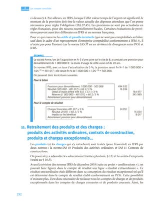252
4
C
C
C
CH
H
H
HA
A
A
AP
P
P
PI
I
I
IT
T
T
TR
R
R
RE
E
E
E
Les comptes consolidés
ci-dessus § 4. Par ailleurs, en IFRS, lorsque l’effet valeur temps de l’argent est significatif, le
montant de la provision doit être la valeur actuelle des dépenses attendues que l’on pense
nécessaires pour régler l’obligation (IAS 37.45). Les provisions ne sont pas actualisées en
règles françaises, pour des raisons essentiellement fiscales. Certaines évaluations de provi-
sions peuvent aussi être différentes en IFRS et en normes françaises.
Pour ce qui concerne les actifs et passifs éventuels (qui ne sont pas comptabilisés au bilan,
sauf dans le cadre d’un regroupement d’entreprise comptabilisé conformément à IFRS 3), il
n’existe pas pour l’instant (car la norme IAS 37 est en révision) de divergences entre PCG et
IFRS.
EXEMPLE
La société Annie, lors de l’acquisition en N–5 d’une usine sur le site de B, a constaté une provision pour
démantèlement de 1 000 000 €. La durée d’usage de cette usine est de 20 ans.
En normes IFRS, avec un taux d’actualisation de 5 %, la provision serait ﬁn N–1 de 1 000 000 ×
1,05–15 = 481 017 ; elle serait ﬁn N de 1 000 000 × 1,05–14 = 505 068.
On passerait donc les écritures suivantes.
Pour le bilan
Pour le compte de résultat
11. Retraitement des produits et des charges :
produits des activités ordinaires, contrats de construction,
produits et charges exceptionnels…
Les produits (et les charges qui s’y rattachent) sont traités (pour l’essentiel) en IFRS par
deux normes : la norme IAS 18 Produits des activités ordinaires et IAS 11 Contrats de
constructions.
On pourrait y a adjoindre les subventions (traitées plus loin, § 13) et les coûts d’emprunts
(traité au § 16.5).
Avant la révision des normes IFRS de décembre 2003 (suite au projet « améliorations »), on
pouvait faire figurer dans le compte de résultat une ligne « résultat extraordinaire ». Ce
résultat extraordinaire était différent dans sa conception du résultat exceptionnel tel qu’il
est déterminé dans le compte de résultat établi conformément au PCG. Cette possibilité
n’existant plus, il est donc nécessaire de reclasser tous les comptes de charges et de produits
exceptionnels dans les comptes de charges courantes et de produits courants. Ainsi, les
Provisions pour démantèlement 1 000 000 – 505 068 494 932
Résultat (505 068 – 481 017) × 66 2/3 % 16 034
Dettes d’impôt différé 494 932 × 33 1/3 % 164 977
Réserves (1 000 000 – 481 017) × 66 2/3 % 345 989
Retraitement provision pour démantèlement
Charges ﬁnancières 481 017 × 5 % 24 051
Résultat 24 051 × 66 2/3 % 16 034
Impôts sur les bénéﬁces 8 017
Retraitement provision pour démantèlement
 