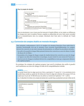 260
4
C
C
C
CH
H
H
HA
A
A
AP
P
P
PI
I
I
IT
T
T
TR
R
R
RE
E
E
E
Les comptes consolidés
Pour le compte de résultat
Dans le retraitement, nous n’avons pas fait intervenir d’impôts différés, car les impôts sur différences
de change sont, dans le système français, exigibles ou déductibles de suite. Nous avons considéré
que la comptabilisation dans les comptes individuels était faite selon la méthode de l’impôt
exigible.
15.2 Conversion de comptes établis en monnaie étrangère
En pratique, les comptes de capitaux propres (qui sont la résultante des actifs et passifs)
sont maintenus au cours de change à la date de la comptabilisation initiale.
EXEMPLE
La société Daniel dont le siège social est à Paris a participé le 1er janvier N–1 à la constitution de la
société Davy, société au capital de 30 millions de $ dont le siège est à Atlanta. Elle a acquis 70 % du
capital pour le prix de 16 406 k€ (cours du dollar au moment de l’opération 1 € = 1,28 $).
Au 31 décembre N, le bilan et le compte de résultat de la société Davy se présentent ainsi (en milliers de $).
Pertes de change 3 000
Résultat 3 000
Annulation de l’écart de conversion passif
Résultat 1 500
Gains de change 1 500
Annulation de l’écart de conversion passif
Résultat 3 000
Dotations aux provisions ﬁnancières 3 000
Annulation de la provision pour risques de change
Pour présenter, conformément à IAS 21, le résultat et la situation financière d’une entité dont la
monnaie fonctionnelle n’est pas la monnaie d’une économie hyperinflationniste, les comptes
doivent être convertis en une autre monnaie de présentation, en utilisant les procédures suivantes :
– les actifs et les passifs de chaque bilan présenté doivent être convertis au cours de clôture à la date
de chacun de ces bilans ;
– les produits et les charges de chaque compte de résultat doivent être convertis au cours de change
en vigueur aux dates des transactions (en pratique, on peut retenir le cours moyen de l’exercice) ;
– tous les écarts de change en résultant doivent être comptabilisés en tant que composante distincte
des capitaux propres.
BILAN
Immobilisations corporelles
Stocks
Créances
Liquidités
20 000
18 000
17 000
8 000
Capital
Réserves
Résultat
Emprunts
Autres dettes
30 000
4 000
8 000
12 000
9 000
63 000 63 000
 