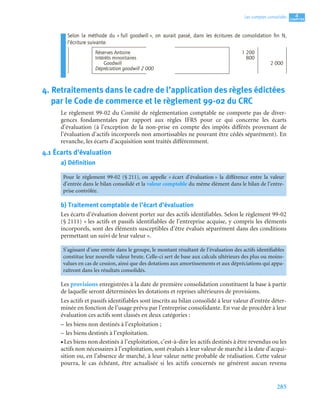 285
4
C
C
C
CH
H
H
HA
A
A
AP
P
P
PI
I
I
IT
T
T
TR
R
R
RE
E
E
E
Les comptes consolidés
Selon la méthode du « full goodwill », on aurait passé, dans les écritures de consolidation ﬁn N,
l’écriture suivante.
4. Retraitements dans le cadre de l’application des règles édictées
par le Code de commerce et le règlement 99-02 du CRC
Le règlement 99-02 du Comité de réglementation comptable ne comporte pas de diver-
gences fondamentales par rapport aux règles IFRS pour ce qui concerne les écarts
d’évaluation (à l’exception de la non-prise en compte des impôts différés provenant de
l’évaluation d’actifs incorporels non amortissables ne pouvant être cédés séparément). En
revanche, les écarts d’acquisition sont traités différemment.
4.1 Écarts d’évaluation
a) Définition
b) Traitement comptable de l’écart d’évaluation
Les écarts d’évaluation doivent porter sur des actifs identifiables. Selon le règlement 99-02
(§ 2111) « les actifs et passifs identifiables de l’entreprise acquise, y compris les éléments
incorporels, sont des éléments susceptibles d’être évalués séparément dans des conditions
permettant un suivi de leur valeur ».
Les provisions enregistrées à la date de première consolidation constituent la base à partir
de laquelle seront déterminées les dotations et reprises ultérieures de provisions.
Les actifs et passifs identifiables sont inscrits au bilan consolidé à leur valeur d’entrée déter-
minée en fonction de l’usage prévu par l’entreprise consolidante. En vue de procéder à leur
évaluation ces actifs sont classés en deux catégories :
– les biens non destinés à l’exploitation ;
– les biens destinés à l’exploitation.
• Les biens non destinés à l’exploitation, c’est-à-dire les actifs destinés à être revendus ou les
actifs non nécessaires à l’exploitation, sont évalués à leur valeur de marché à la date d’acqui-
sition ou, en l’absence de marché, à leur valeur nette probable de réalisation. Cette valeur
pourra, le cas échéant, être actualisée si les actifs concernés ne génèrent aucun revenu
Réserves Antoine 1 200
Intérêts minoritaires 800
Goodwill 2 000
Dépréciation goodwill 2 000
Pour le règlement 99-02 (§ 211), on appelle « écart d’évaluation » la différence entre la valeur
d’entrée dans le bilan consolidé et la valeur comptable du même élément dans le bilan de l’entre-
prise contrôlée.
S’agissant d’une entrée dans le groupe, le montant résultant de l’évaluation des actifs identifiables
constitue leur nouvelle valeur brute. Celle-ci sert de base aux calculs ultérieurs des plus ou moins-
values en cas de cession, ainsi que des dotations aux amortissements et aux dépréciations qui appa-
raîtront dans les résultats consolidés.
 