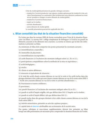 306
4
C
C
C
CH
H
H
HA
A
A
AP
P
P
PI
I
I
IT
T
T
TR
R
R
RE
E
E
E
Les comptes consolidés
L’état du résultat global présentera les grandes rubriques suivantes :
– résultat lié à l’activité productive (qui séparera résultat opérationnel de résultat lié à des acti-
vités d’investissement) en continuant à faire la distinction entre éléments conduisant au résul-
tat net (produits et charges) et autres éléments du résultat global ;
– résultat lié à l’activité de financement ;
– impôt sur le résultat ;
– activités abandonnées ;
– autres éléments du résultat global.
La nouvelle présentation pourrait être applicable dès 2011.
1. Bilan consolidé (ou état de la situation financière consolidé)
Il n’existe pas dans les normes IFRS de forme normalisée pour l’état de la situation finan-
cière (ou bilan). La norme IAS 1 oblige simplement de distinguer (à l’actif et au passif) les
éléments courants et les éléments non courants. La norme ne donne que la liste des infor-
mations à présenter au bilan.
Au minimum, le bilan doit comporter des postes présentant les montants suivants :
(a) immobilisations corporelles ;
(b) immeubles de placement ;
(c) immobilisations incorporelles ;
(d) actifs financiers (à l’exclusion des montants indiqués selon (e), (h) et (i)) ;
(e) participations comptabilisées selon la méthode de la mise en équivalence ;
(f) actifs biologiques ;
(g) stocks ;
(h) clients et autres débiteurs ;
(i) trésorerie et équivalents de trésorerie ;
(j) le total des actifs classés comme détenus en vue de la vente et les actifs inclus dans des
groupes destinés à être cédés qui sont classés comme détenus en vue de la vente selon IFRS 5
« Actifs non courants détenus en vue de la vente et activités abandonnées » ;
(k) fournisseurs et autres créditeurs ;
(l) provisions ;
(m) passifs financiers (à l’exclusion des montants indiqués selon (k) et (l)) ;
(n) passifs et actifs d’impôt exigible, tels que définis dans IAS 12 Impôts sur le résultat ;
(o) passifs et actifs d’impôt différé, tels que définis dans IAS 12 ;
(p) passifs inclus dans des groupes destinés à être cédés classés comme détenus en vue de la
vente selon IFRS 5.
(q) intérêts minoritaires, présentés au sein des capitaux propres ;
(r) capital émis et réserves attribuables aux actionnaires de la société mère.
Des postes, rubriques et sous-totaux supplémentaires doivent être présentés au bilan
lorsqu’une telle présentation est nécessaire pour comprendre la situation financière de l’entité.
 